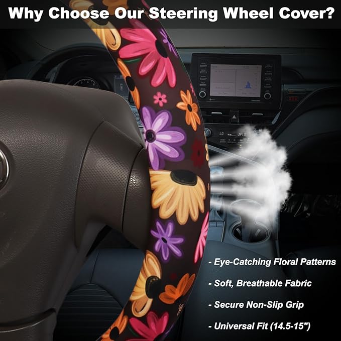Piano Flower Steering Wheel Cover for 14.5-15 Inch Wheels, Premium Fabric with Non-Slip Rubber Inner Ring (Piano Flower)