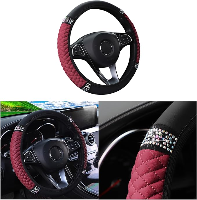 Bling Car Steering Wheel Cover, 15 Inch Rhinestones Soft Leather Elastic Steering Wheel Protector, Sparkly Crystal Diamond for Women Girls, Car Interior Accessories for Most Cars (Wine Red)