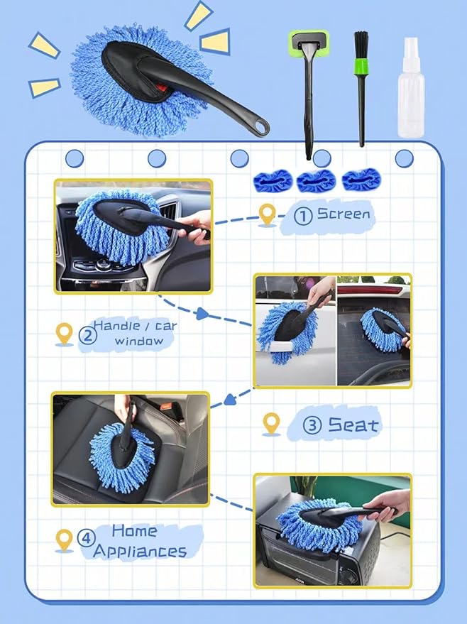YKT Windshield Cleaner Tool, Car Interior Cleaning Kit & Car Detailing Kit with Car Detailing Brush and Microfiber Head for Car Wash Kit