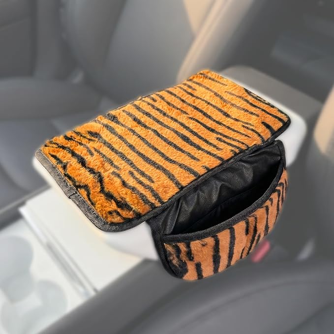Plush Tiger Print Car Center Console Cover with Side Pockets, Fluffy Armrest Cushion Pad,Soft Car Interior Decorations Accessories with Storage for Women,Universal Fit for Vehicles SUV Truck