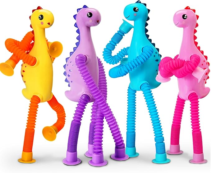 4Pcs Dinosaur Airplane Travel Car Ride Toys for Toddlers Kids Boys Girls Sensory Suction Cup Tube ADHD Autism Road Trip Car Activities Essential Stocking Easter Basket Stuffer Valentines Gift