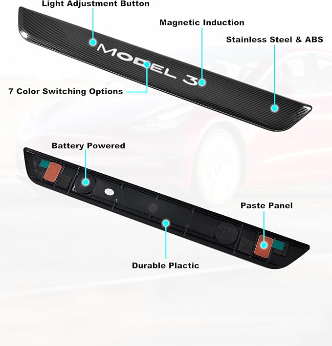 LED Door Sill Lights for Tesla Model 3 2017-2025 Accessories, ABS Scratch-Resistant Sill Protector with 7-Color RGB Lighting, Battery Powered Model 3 Pedal Mood Lamp, Carbon Fiber, 4PCS