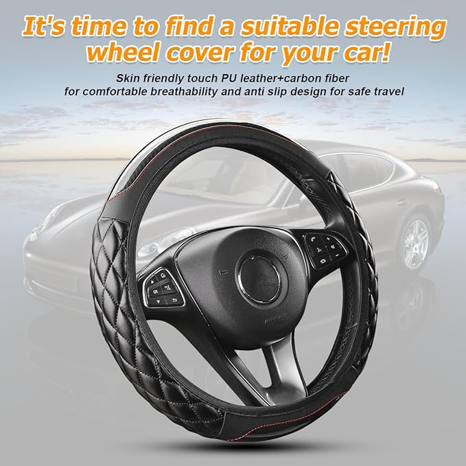 Carbon Fiber Car Steering Wheel Cover, Leather Breathable Non-Slip 14.5-15 Inch Vehicle Steering Wheel Protector, Auto Interior Protection Accessories, Universal for SUV Sedan Truck(Black)