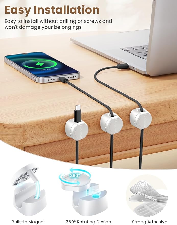 Kanemc Cable Clips Cord Holder for Desk, 360° Spin Magnetic Wire Organizer Self Adhesive Cord Management for Office Desks Cars Home Kitchen Electronic Accessory (White, 6 PCS)