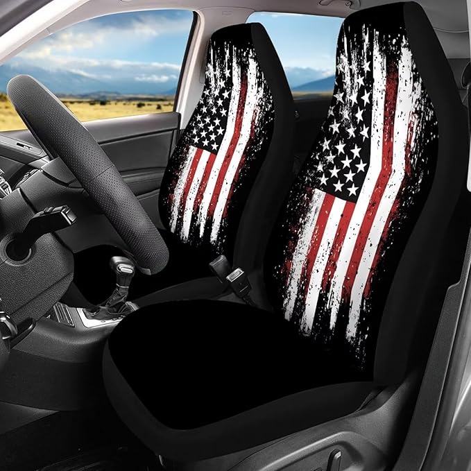 KEIAHUAN 4th of July Car Seat Cover Full Set American Flag Patriotic Breathable Car Front Seat Cover and Rear Bench Cover Set of 4