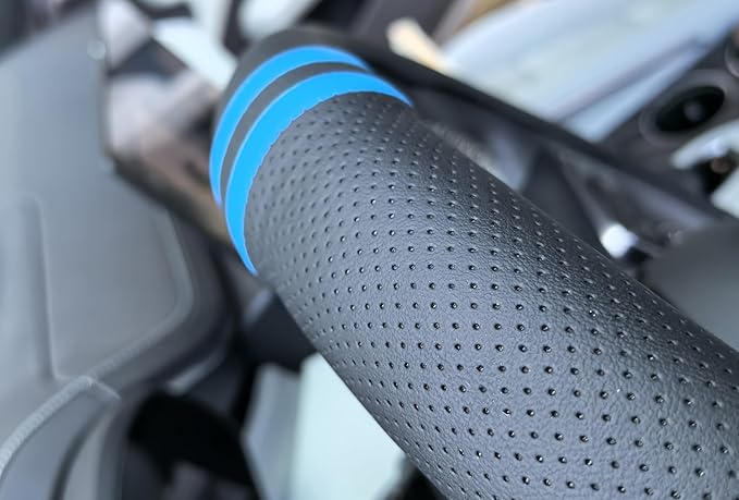 Quick Install Sporty Perforated Nappa Leather Steering Wheel Cover with Blue Top Stripes Universal fit 14 ½ to 15 inches Car SUV Pickup Steering Wheel