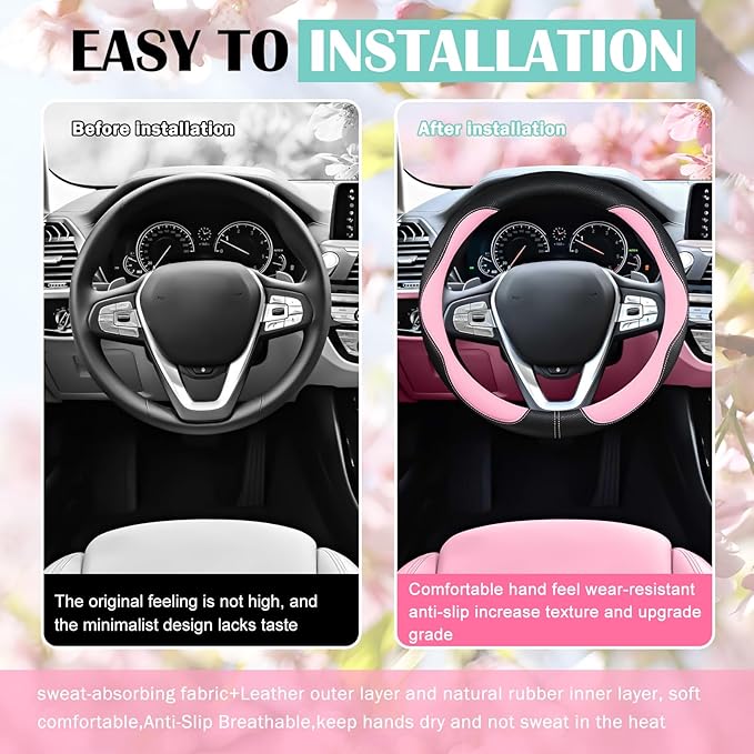 SuperKaKa Car Steering Wheel Cover 2025, Universal Auto PU Cute Breathable Slip-Proof Comfort Imitation Leather Protector Cars Interior Accessories for Women Men Fit Most Vehicle (Pink)