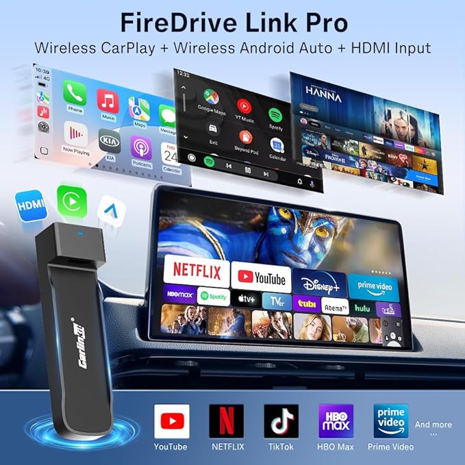Carlinkit FireDrive Link Pro HDMI Car TV Converter for Fire TV Stick Streaming, Wireless Apple CarPlay & Android Auto Adapter, Compatible with Wired CarPlay Cars, 3 in 1 Dongle, Plug & Play