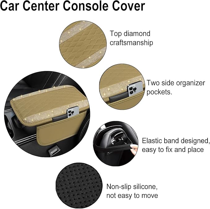 NBTEPEM Bling Beige Car Center Console Cover, Leather Car Arm Rest Cover with 2 Storage Bags, Universal Auto Armrest Protector Storage Box, Bling Accessories Interior for Most Vehicles