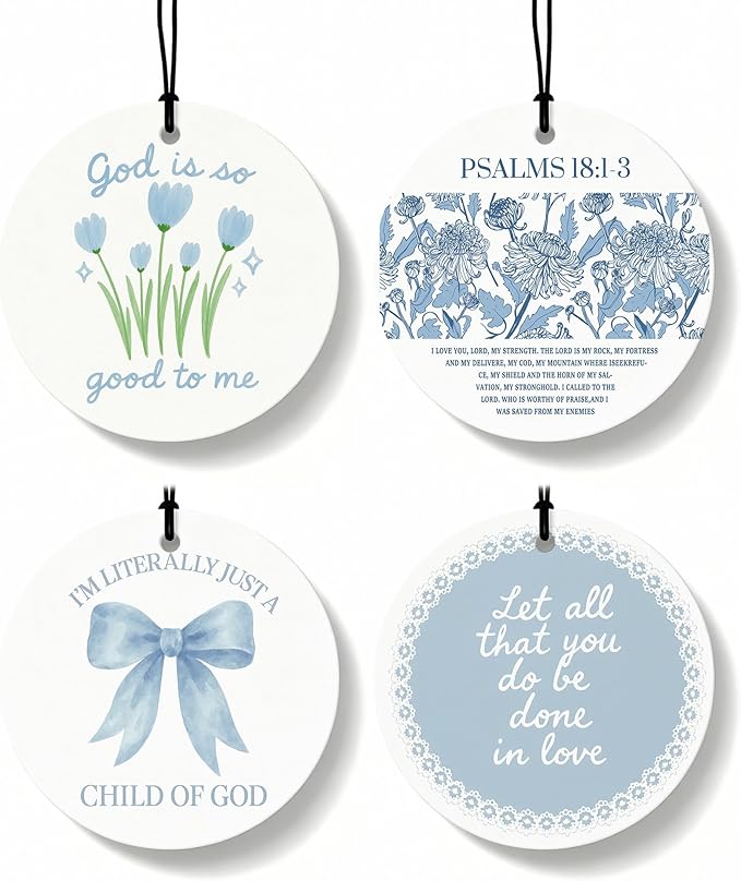 Blue Christian Round Citrus Car Air Freshener 4 Pcs, Blue Coquette Bow Tulip Floral Hanging Air Freshener for Cars Bathroom Dorm Books Decor, Girly Christian Accessories Gifts for Women Girls