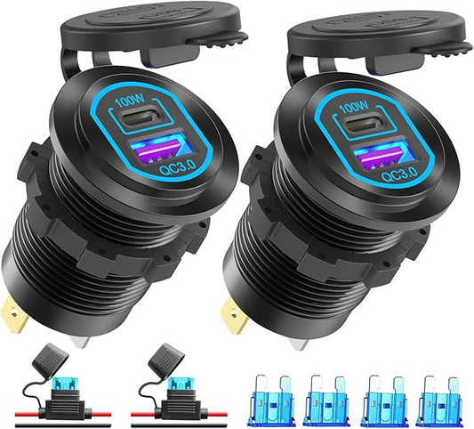 2 Pack 12V USB C Outlet PD 100W Car USB Port for Laptop and QC3.0 18W Car Charger Socket Aluminum Alloy, Fast Charging Cigarette Lighter Replacement DIY Accessary for RV MarineTruck Boat Golf