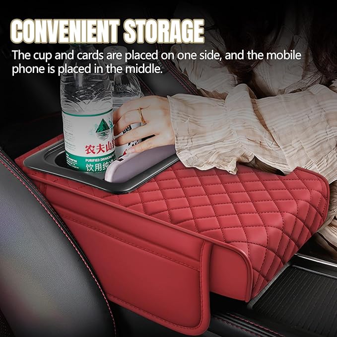 Hovom Car Center Console Cover, 13.39"×7.87"×2.76" Leather Armrest Cover for Cars, Memory Foam Armrest Pillow with Pocket, Cup Holder & Phone Slot, Universal Vehicle Arm Rest Cushion Pad (Red)