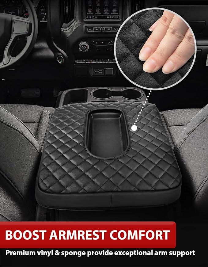 KBH Center Console Armrest Cover for GMC Sierra & Chevy Silverado 1500 2500 3500 2019-2026, Middle Console Lid Protector, Middle Cut, Vinyl Leather, Black (Fits Jump Seat Console Only)