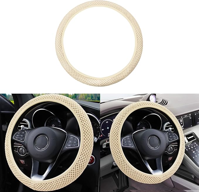 Elastic Stretch Car Steering Wheel Cover, Comfortable Steering Wheel Cover Universal for 14.5-15 Inch, Warm in Winter & Cool in Summer, Anti-Slip Breathable Ice Silk (Beige)