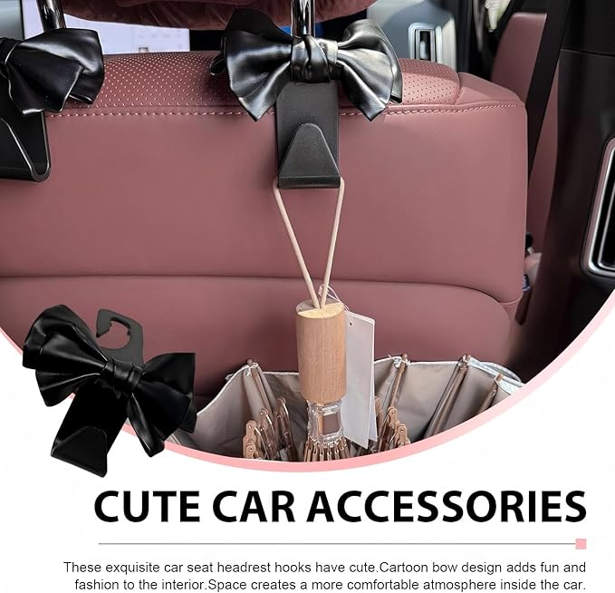 2PCS Car Seat Headrest Hooks, Cute Bow Car Backseat Storage Hooks, Lovely Leather Auto Purse Hook Hanger, Women and Girl Car Interior Accessories for Umbrellas, Coat, Bag (Leather-Black)