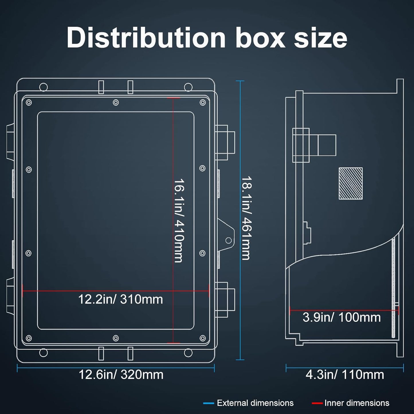 Outdoor Electrical Junction Box with High Power Outlet, ABS Water Resistant Enclosure with Internal Mounting Panel & Hinged Cover. (18.1" H* 12.6" L* 4.3" W & Outlet)