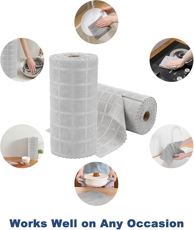 Ferdilan 80 Pack Microfiber Cleaning Cloth Roll,Lint Free Rags Paper Towels & Tear Away Reusable Towels,Washable Shop Rags,Wash Cloths Dish Rags(12" x 12") for Car Kitchen Window Garage-Light Gray