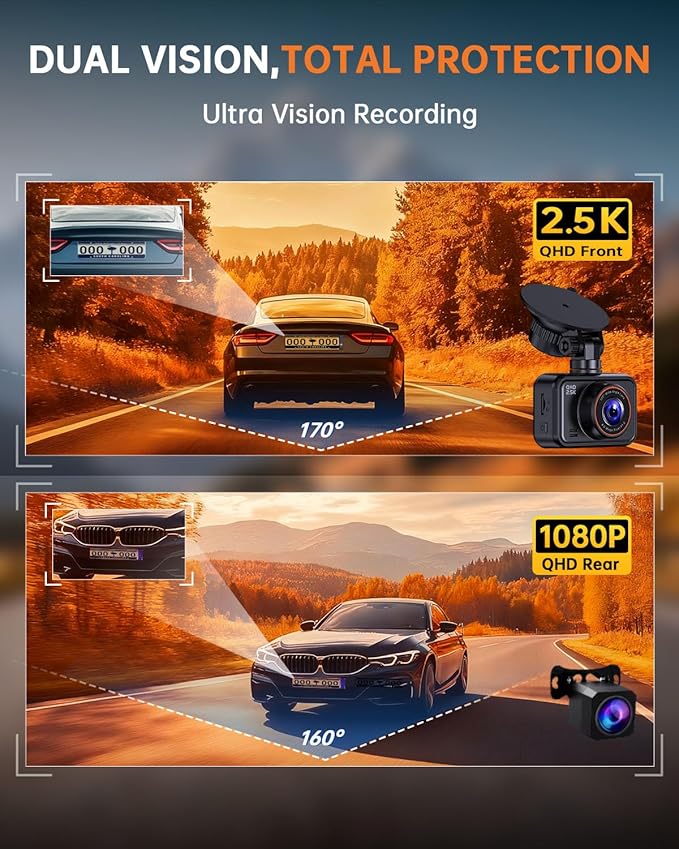 Dual Dash Cam Front and Rear — 2.5K HDR Night Vision Car Camera with G-Sensor & 24H Parking Monitor, Compact Plug & Play Dash Cam with Super Capacitor, 32GB Card Included, Supports 256GB Max