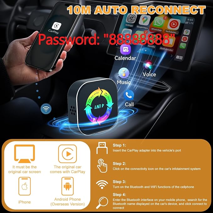 2026 Upgraded Wireless Carplay Adapter, 4 in 1 Screen Mirroring Support Mirror Link/AirPlay for Apple CarPlay & Android Auto, Mini USB/Type-C Plug & Play Car Play Adapter, Wired to Wireless No Latency