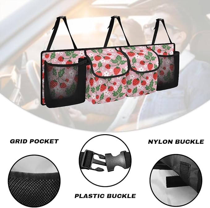 Car Trunk Organizer Pink Strawberry Back Seat Car Organizer Equipped with Robust Elastic Net, Hanging Car Storage Organizer with Lids, Space Saving Expert