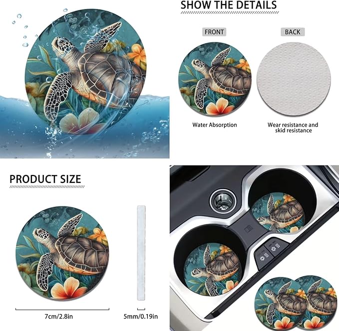 Blue Sea Turtle 6pcs Car Steering Wheel Cover Set for Men Women Auto Interior Accessories Cup Holder Armrest Pad Seatbelt Cushion Fit for SUV Truck Vans
