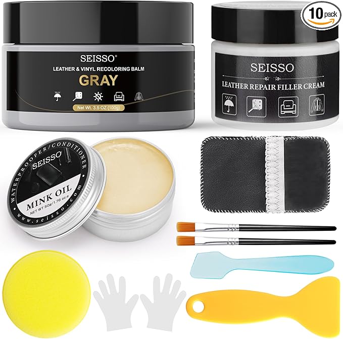 SEISSO Leather Repair Kit for Furniture, Gray Vinyl Repair Kit with Mink Oil Car Interior Leather Recoloring Balm for Scratches, Fading Shoes, Car Seat, Sofa