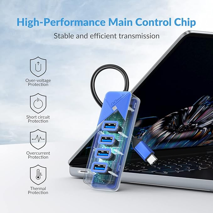 GiGimundo 4-Port USB Hub for Laptop, USB C to USB Hub Multiport Adapter 5Gbps Transfer, USB C Splitter for Laptop, MacBook Pro/Air, iPad Pro, Dell, Chromebook, Keyboard, Mouse, HDD, Blue