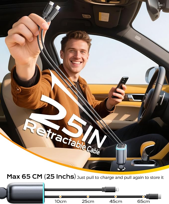 4 in 1 Car Charger, Retractable iPhone Car Charger Fast USB C Phone Charger, Cigarette Lighter with 2 Cable 25 Inch and 2 USB Ports, Multi Port USB Car Charging for iPhone 17/16/15/14/13 Pro Max-2Pack