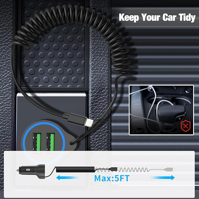 [Apple MFi Certified] USB Car Charger Plug, Aymla Dual Port Coiled Cord Auto Cigarette Lighter Adapter with 5FT Coiled Lightning Cable for iPhone 14 Pro Max/14 Plus/14/13 Pro/13 Mini/12/11/XS/XR/8