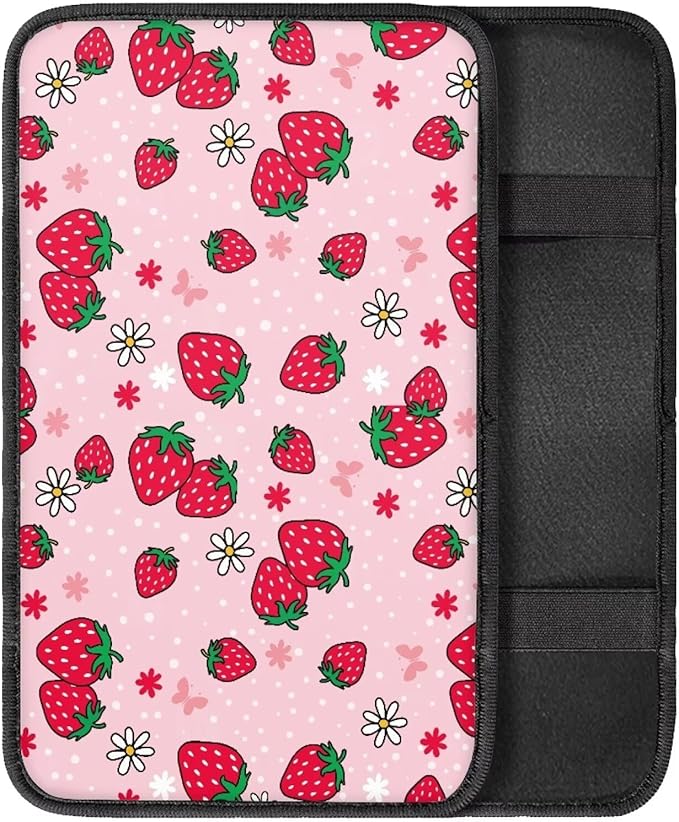 Strawberry Car Center Console Cover for Women Soft Comfy Car Arm Rest Cover Pad Universal Non-Slip Armrest Covers for Truck Van SUV