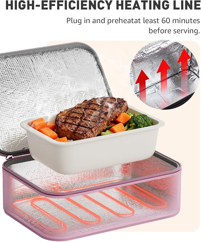 Portable Food Warmer - Heated Lunch Box for Adluts - Electric Thermal Lunch Bag with Buckle Handle, Heating Food Warmer Bags for 12V/24V Car & Truck, 110V/220V Home/Office, Pink