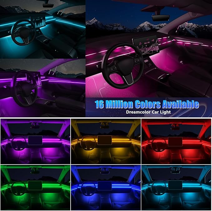 Acrylic Interior Car LED Strip Light with APP, RGB 10 in 1 with 175 inches 600 LEDs Fiber Optic Ambient Lighting Kits, 16 Million Colors Sound Active Function Car Neon LED Strip for Car