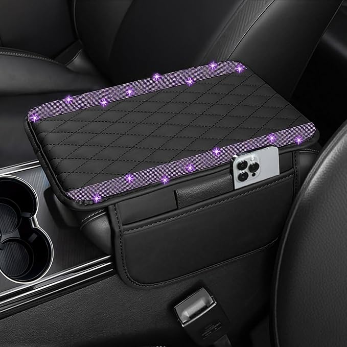 NBTEPEM Bling Car Center Console Cover, Leather Car Arm Rest Cover Cushion with 2 Storage Bags, Universal Auto Armrest Protector Storage Box, Bling Accessories Interior for Most Vehicles (Purple)