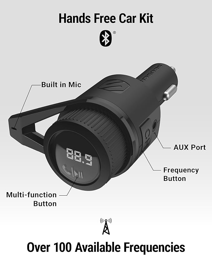 Scosche BTFM9 FM Bluetooth Transmitter Car, Dual 12W USB-C and USB-A Charging Ports, Fast Type C Car Charger, Wireless Radio Bluetooth Adapter, Hands-Free Kit for Calls, Siri and Google Assistant