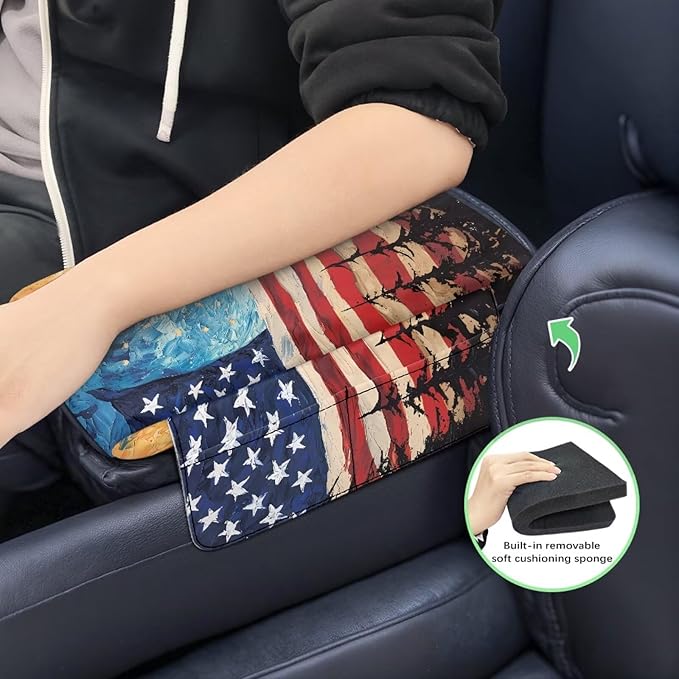 Car Console Covers, Memory Foam Center Console Cushion with Storage Bags, American Flag Sky Middle Console Protector Car Accessories Interior for Women Men
