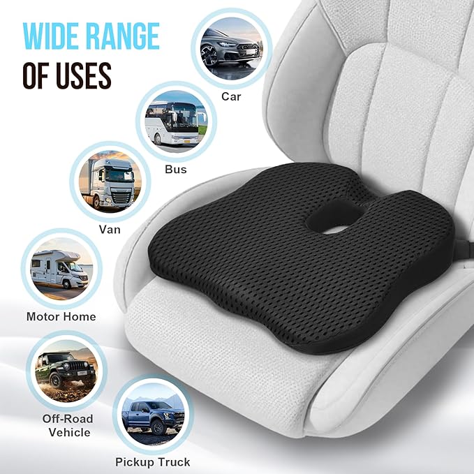 Car Seat Cushion for Driving – Ergonomic Wedge Memory Foam Booster Automotive Seat with Non-Slip Bottom & Adjustable Strap – Car Seat Pad for Car, Truck, Vehicle
