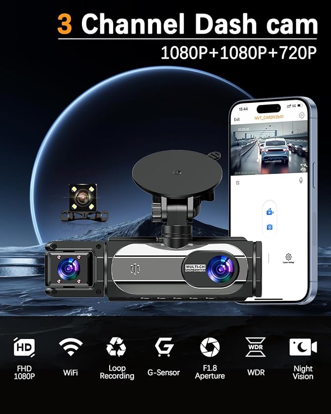 Dash Cam Front and Rear, 1080P Dash Camera for Cars, 3 Channel Car Camera Front Rear and Inside/Back with 32GB Card 5G Wireless WiFi, Loop Recording, Night Vision, HDR, G-Sensor, 24Hr Parking