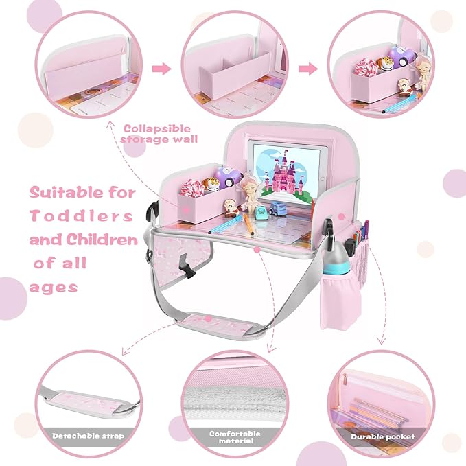 MENZOKE Kids Travel Tray for Toddler Car Seat, Toddler Gift for Girl Activities with Dry Erase Board & iPad Holder Stand,Road Trip Essentials Accessories Lap Tray for Girl as Birthday Gift,LightPurple