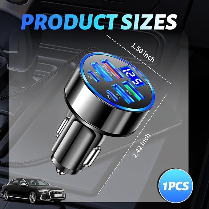 6 in 1 Cigarette Lighter USB Charger,PD+QC3.0 Car Charger USB C Fast Charge with Voltage Display,Multi Port Super Fast Cars Chargers Adapter Car Accessories for 12V/24V Vehicles