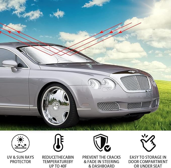 Foldable Windshield Sun Shade, Bonus Steering Wheel Sun Shield to Block UV Rays Keep Your Vehicle Cooler, Easy to Use Car Interior Accessories (59.2"x27.2")