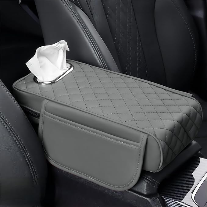 Generic Center Console Cover Arm Rest Cover Cushion Leather Car Armrest Box Pad with Pocket and Tissue Box Auto Armrest Cover for Sedan Vehicle(Grey)