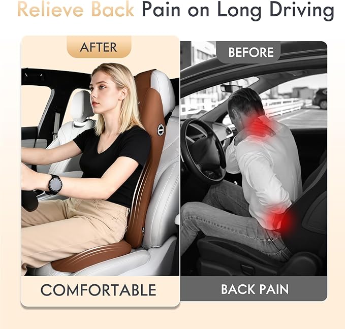 FLORICH Memory Foam Seat Cushion for Car and Lumbar Support Headrest Pillow Ergonomic Car Seat Back Support Neck Pillow for Driving Truck Driver Seat Cushion Lumbar Pillows for Back Pain Relief, Brown