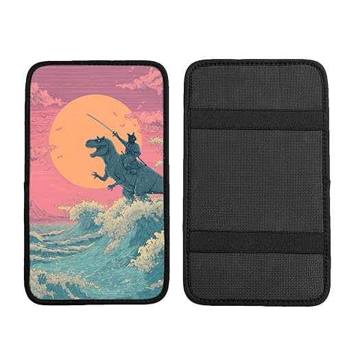 Cat Riding T-Rex Car Auto Armrest Cushion Cover Accessories Center Console Seat Box Pad Protector Universal Decoration for Most Vehicle SUV Truck