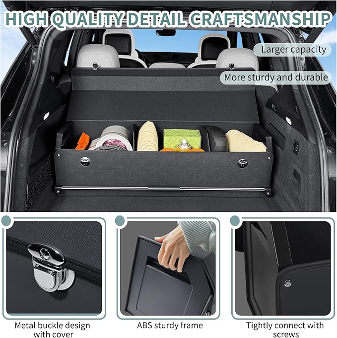 Car Trunk Organizer, Leather Trunk Organizer for Suv with Lid and Push-pull Handle Car Trunk Leather Storage Box Extra Large Cargo Storage (Black, 41.3 x 11.4 x 12.2in)