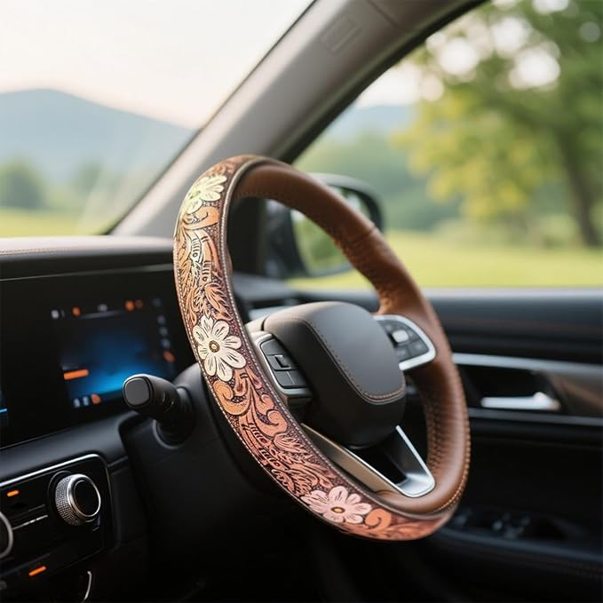Steering Wheel Cover Western Car Tooled Leather Retro Cowboy Car & Truck Accessory, Universal 15 Inch Non Slip Wheel Cover for SUV, Pickup, Comfortable Grip, Easy to Install (Brown)