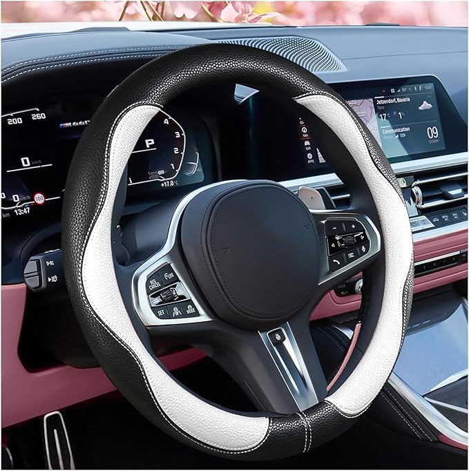 SuperKaKa Car Steering Wheel Cover 2024, Universal Auto PU Cute Breathable Slip-Proof Comfort Imitation Leather Protector Cars Interior Accessories for Women Men Fit Most Vehicle (White)