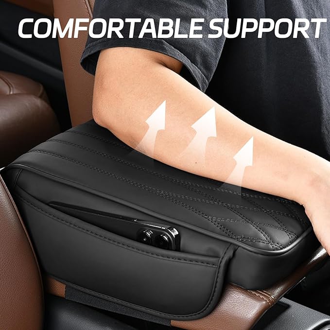 wuyaoyao Car Center Console Cover, Leather Car Armrest Box Cover, 12.40"×8.46"×1.97" Arm Rest Pad with Pockets, Soft Auto Armrest Storage Box Protector, Universal Interior Car Accessories (Black)