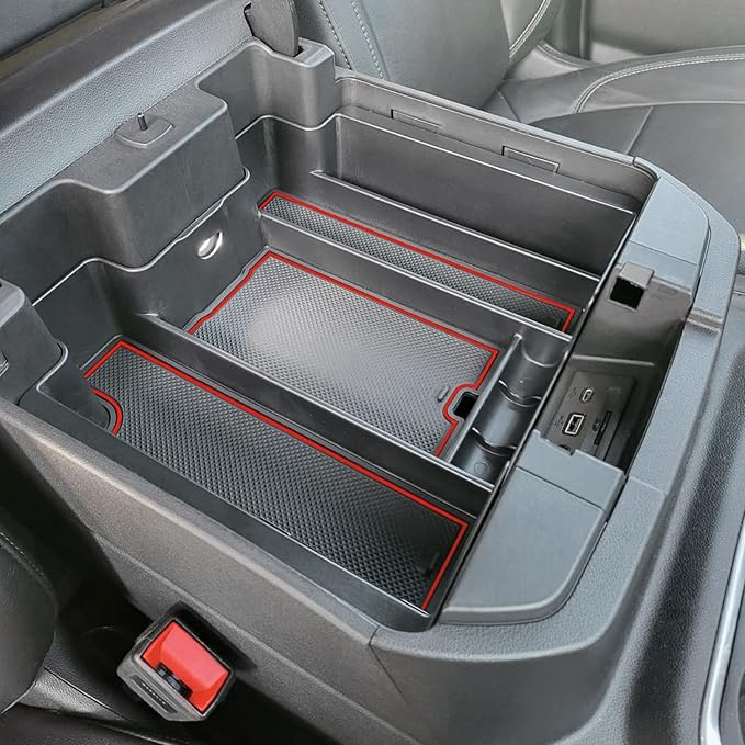 PIMCAR Full Size Console Armrest Organizer Compatible with 2019-2022 Chevy Silverado/GMC Sierra 1500 & 2020-2023 Silverado/Sierra 2500 HD/3500 HD-Full Console w/Bucket Seats ONLY Red Trim
