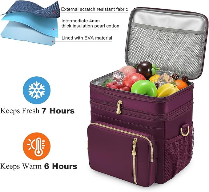 MIYCOO Lunch Bag & Lunch Box for Women Men, Double Deck Leakproof Insulated Soft Large Adult Camping Cooler bag for Work, Beach, Picnic, Travel (Purple, 15L)