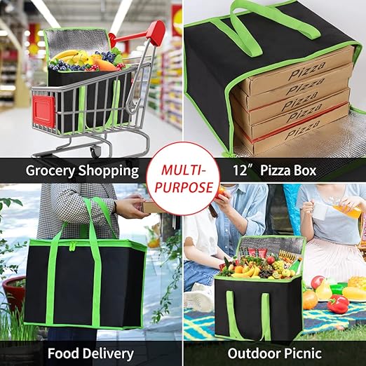 CIVJET 2-Pack Insulated Reusable Grocery Bags, X-Large Insulated Food Delivery Bag for Delivery Drivers, Commercial Food Warmer for Shopping, Tote Cooler Bags, Black with Green Edge